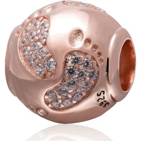 Rose Gold Baby Footprint Charm 925 Sterling Silver New Baby First Step Charms with Clear Cubic Zircon Round Bead Charms for Pandora European Charms Bracelet
