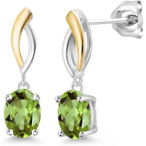 Gem Stone King 925 Sterling Silver and 10K Yellow Gold Green Peridot Dangle Earrings For Women (2.84 Cttw Gemstone Birthstone, Oval 8X6MM)