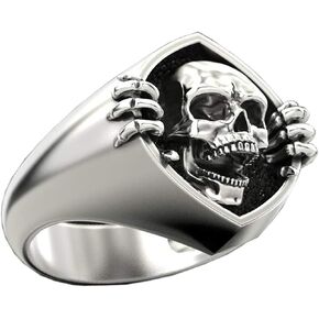 Vintage Punk Gothic Skull Men's Ring 925 Sterling Silver Plated Skeleton Head Biker Rings for Men