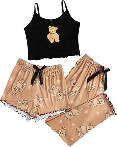 Floerns Women's 3 Piece Sleepwear Lettuce Trim Cami Top Shorts and Pants Pj Set in Saudi Arabia