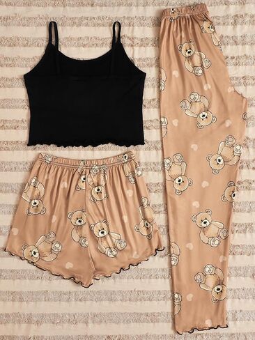 Floerns Women's 3 Piece Sleepwear Lettuce Trim Cami Top Shorts and Pants Pj Set in Saudi Arabia