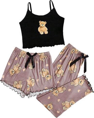 Floerns Women's 3 Piece Sleepwear Lettuce Trim Cami Top Shorts and Pants Pj Set in Saudi Arabia