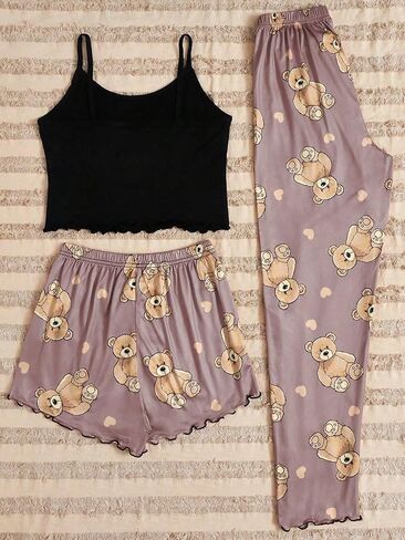Floerns Women's 3 Piece Sleepwear Lettuce Trim Cami Top Shorts and Pants Pj Set in Saudi Arabia