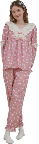 بيجامة للنساء من اولالا باكمام طويلة بتصميم كلاسيكي من القطن بتصميم لوليكات من قطعتين بلون زهري اندي من قطعتين، مقاس واحد، لون زهري اندي، مقاس واحد in Kuwait