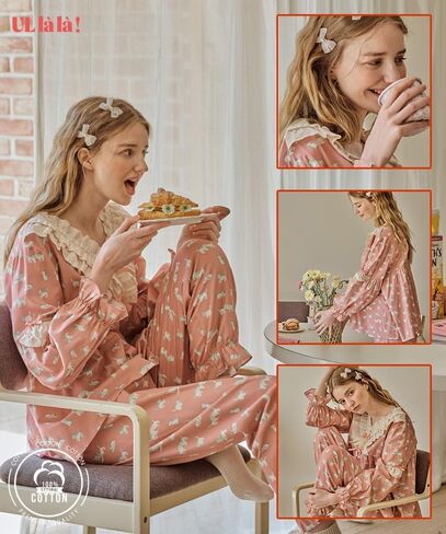 بيجامة للنساء من اولالا باكمام طويلة بتصميم كلاسيكي من القطن بتصميم لوليكات من قطعتين بلون زهري اندي من قطعتين، مقاس واحد، لون زهري اندي، مقاس واحد in Kuwait