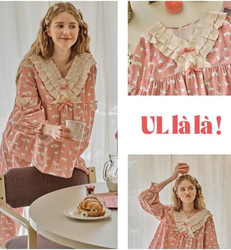 بيجامة للنساء من اولالا باكمام طويلة بتصميم كلاسيكي من القطن بتصميم لوليكات من قطعتين بلون زهري اندي من قطعتين، مقاس واحد، لون زهري اندي، مقاس واحد in Kuwait