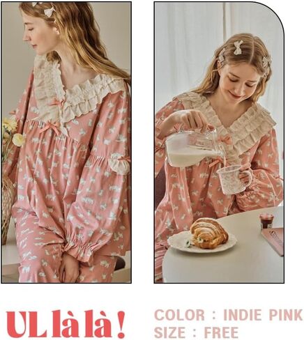 بيجامة للنساء من اولالا باكمام طويلة بتصميم كلاسيكي من القطن بتصميم لوليكات من قطعتين بلون زهري اندي من قطعتين، مقاس واحد، لون زهري اندي، مقاس واحد in Kuwait