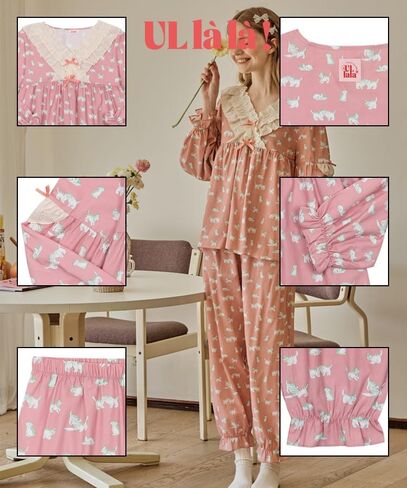 بيجامة للنساء من اولالا باكمام طويلة بتصميم كلاسيكي من القطن بتصميم لوليكات من قطعتين بلون زهري اندي من قطعتين، مقاس واحد، لون زهري اندي، مقاس واحد in Kuwait