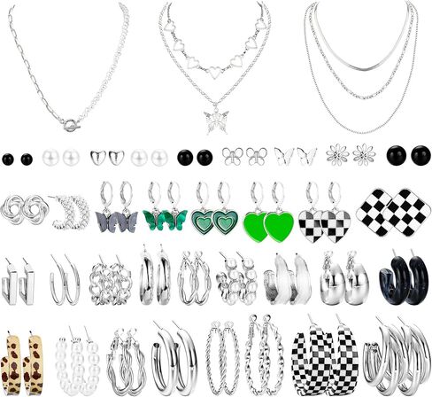 sanfenly الذهب والفضة أقراط القلائد للنساء مجموعة المجوهرات، أزياء هيبوالرجينيك لؤلؤة القلب فراشة هوب مسمار متدلية أقراط multipack، سلسلة الطبقات قلادة القلائد، اكسسوارات المجوهرات in Kuwait