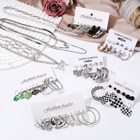 sanfenly الذهب والفضة أقراط القلائد للنساء مجموعة المجوهرات، أزياء هيبوالرجينيك لؤلؤة القلب فراشة هوب مسمار متدلية أقراط multipack، سلسلة الطبقات قلادة القلائد، اكسسوارات المجوهرات in Kuwait