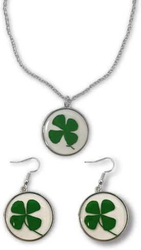 Zian St. Patrick's Day Earring Necklace Clear Round Green Four-Leaf Clover Vintage Silver Necklace Earring Set Holiday Jewelry Gifts For Women Girl in Kuwait