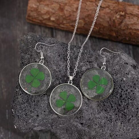 Zian St. Patrick's Day Earring Necklace Clear Round Green Four-Leaf Clover Vintage Silver Necklace Earring Set Holiday Jewelry Gifts For Women Girl in Kuwait
