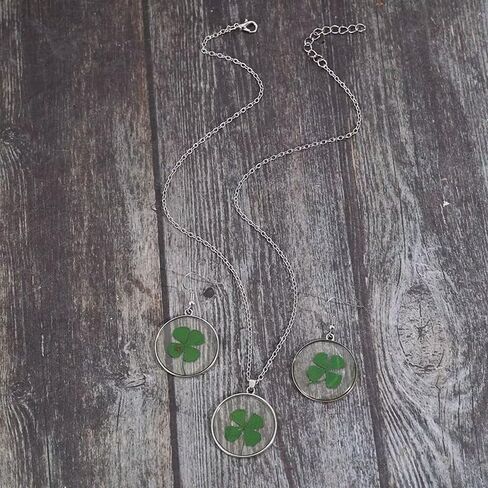 Zian St. Patrick's Day Earring Necklace Clear Round Green Four-Leaf Clover Vintage Silver Necklace Earring Set Holiday Jewelry Gifts For Women Girl in Kuwait