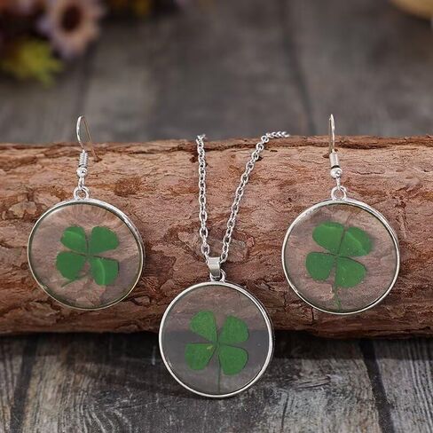 Zian St. Patrick's Day Earring Necklace Clear Round Green Four-Leaf Clover Vintage Silver Necklace Earring Set Holiday Jewelry Gifts For Women Girl in Kuwait