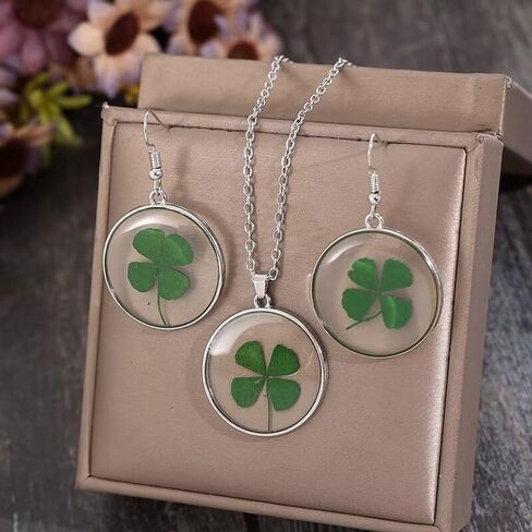 Zian St. Patrick's Day Earring Necklace Clear Round Green Four-Leaf Clover Vintage Silver Necklace Earring Set Holiday Jewelry Gifts For Women Girl in Kuwait