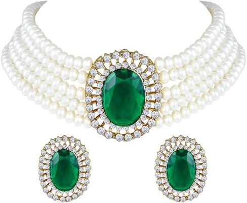 Kundan Pearl Choker Multi Layered Beaded Necklace Earrings Set Indian Traditional Wedding Jewelry for Women Girls (Green Oval-Pearl) in Saudi Arabia