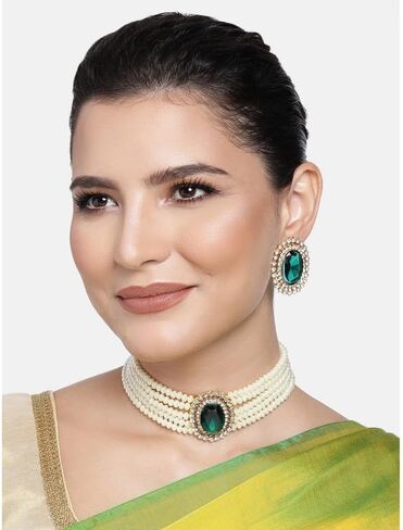 Kundan Pearl Choker Multi Layered Beaded Necklace Earrings Set Indian Traditional Wedding Jewelry for Women Girls (Green Oval-Pearl) in Saudi Arabia