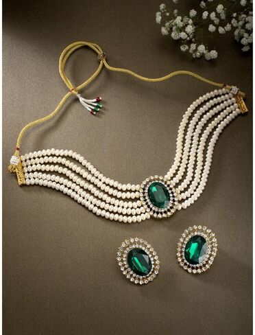 Kundan Pearl Choker Multi Layered Beaded Necklace Earrings Set Indian Traditional Wedding Jewelry for Women Girls (Green Oval-Pearl) in Saudi Arabia