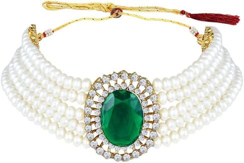 Kundan Pearl Choker Multi Layered Beaded Necklace Earrings Set Indian Traditional Wedding Jewelry for Women Girls (Green Oval-Pearl) in Saudi Arabia