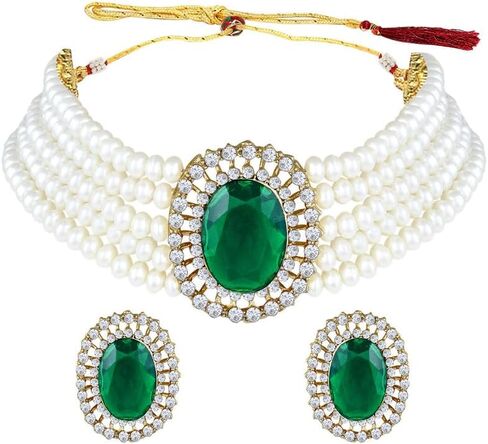 Kundan Pearl Choker Multi Layered Beaded Necklace Earrings Set Indian Traditional Wedding Jewelry for Women Girls (Green Oval-Pearl) in Saudi Arabia