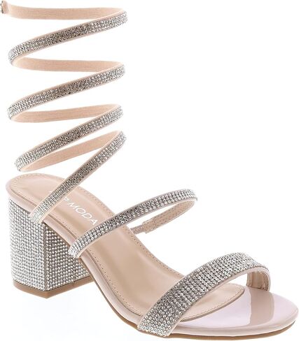 صنادل نسائية من TOP Moda مصنوعة من حجر الراين ملفوفة بشريط كاحل حلزوني وكعب عريض in Kuwait