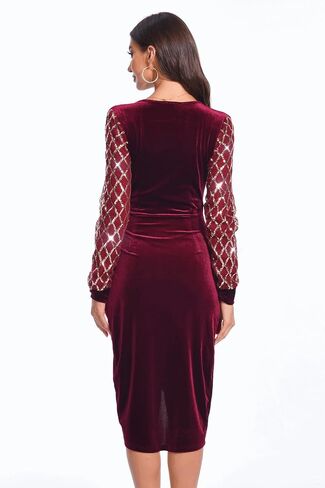 Gamfim Wedding Guest Midi Dress 2023 Velvet Wrap V Neck Long Sleeve Split Bodycon Ruched Cocktail Sequin Dresses in Saudi Arabia