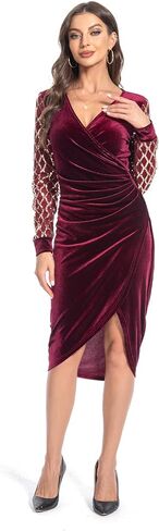 Gamfim Wedding Guest Midi Dress 2023 Velvet Wrap V Neck Long Sleeve Split Bodycon Ruched Cocktail Sequin Dresses in Saudi Arabia