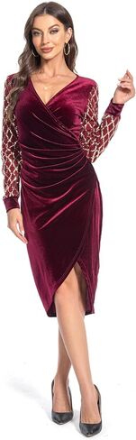 Gamfim Wedding Guest Midi Dress 2023 Velvet Wrap V Neck Long Sleeve Split Bodycon Ruched Cocktail Sequin Dresses in Saudi Arabia