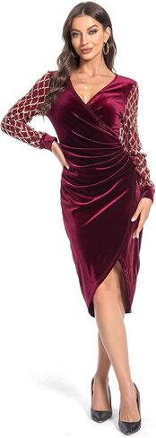 Gamfim Wedding Guest Midi Dress 2023 Velvet Wrap V Neck Long Sleeve Split Bodycon Ruched Cocktail Sequin Dresses in Saudi Arabia