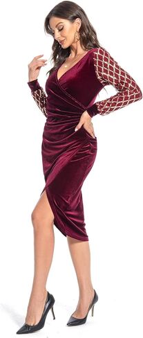 Gamfim Wedding Guest Midi Dress 2023 Velvet Wrap V Neck Long Sleeve Split Bodycon Ruched Cocktail Sequin Dresses in Saudi Arabia