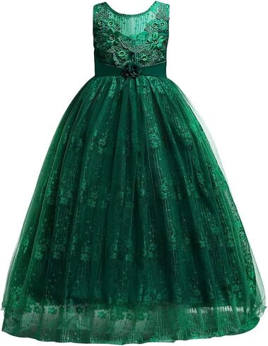 FMYFWY Little Big Girls Flower Tulle Lace Dress Sleeveless Princess Pageant Birthday Party Wedding Dance Evening Long Gown in Kuwait