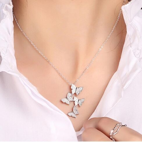 Real 925 Sterling Silver Long Zircon Butterfly Necklaces Pendant Fashion Sterling Silver Jewelry Statement Chain Necklace for Women Ladies Girls Gifts in Kuwait
