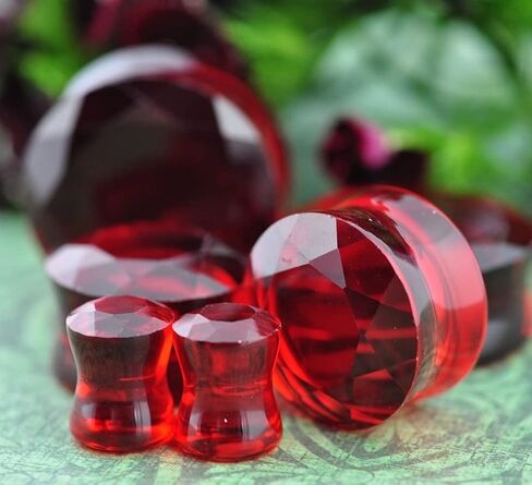 Pair of Red Faceted Glass Double Flare Plugs (PG-568) (5/8" (16mm)) in Saudi Arabia