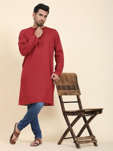SKAVIJ Men's Casual Cotton Solid Long Kurta Regular Fit Shirt in Saudi Arabia