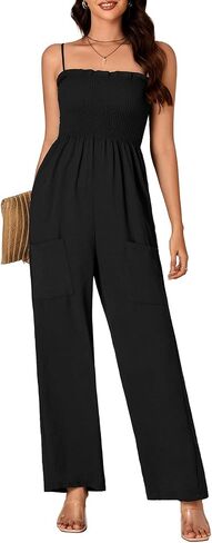 Vrtige Women's Sleeveless Spaghetti Strap Shirred High Waist Wide Leg Pants long Romper Jumpsuit with Pockets in Saudi Arabia