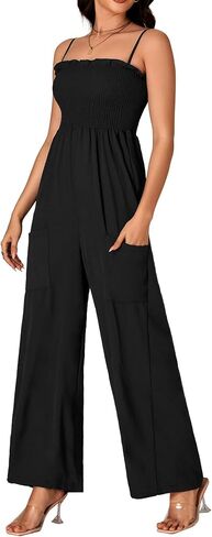 Vrtige Women's Sleeveless Spaghetti Strap Shirred High Waist Wide Leg Pants long Romper Jumpsuit with Pockets in Saudi Arabia