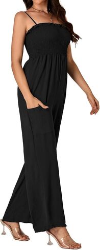 Vrtige Women's Sleeveless Spaghetti Strap Shirred High Waist Wide Leg Pants long Romper Jumpsuit with Pockets in Saudi Arabia