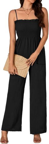 Vrtige Women's Sleeveless Spaghetti Strap Shirred High Waist Wide Leg Pants long Romper Jumpsuit with Pockets in Saudi Arabia