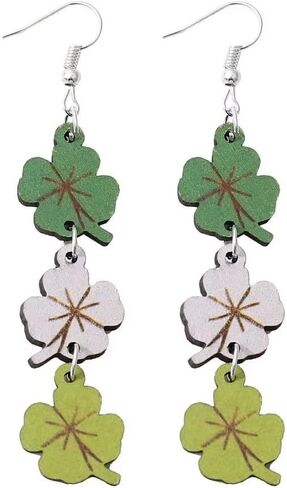 St. Patrick's Day Earrings Personality Versatile Three Color Four Leaf Grass Lucky Grass Earrings Double Sided Wood Earrings, One Size, Wood, No Gemstone in Kuwait