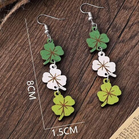 St. Patrick's Day Earrings Personality Versatile Three Color Four Leaf Grass Lucky Grass Earrings Double Sided Wood Earrings, One Size, Wood, No Gemstone in Kuwait