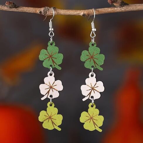 St. Patrick's Day Earrings Personality Versatile Three Color Four Leaf Grass Lucky Grass Earrings Double Sided Wood Earrings, One Size, Wood, No Gemstone in Kuwait