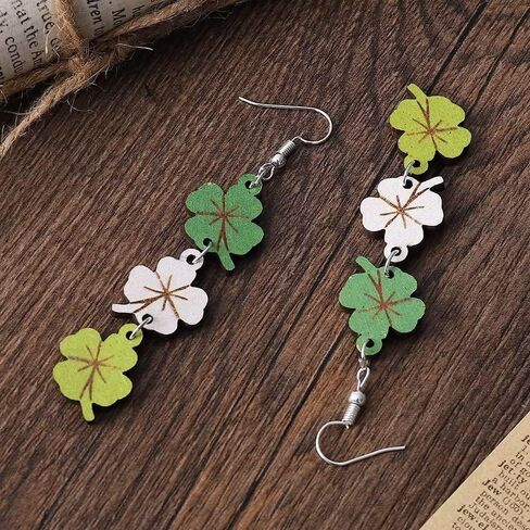 St. Patrick's Day Earrings Personality Versatile Three Color Four Leaf Grass Lucky Grass Earrings Double Sided Wood Earrings, One Size, Wood, No Gemstone in Kuwait