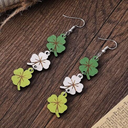 St. Patrick's Day Earrings Personality Versatile Three Color Four Leaf Grass Lucky Grass Earrings Double Sided Wood Earrings, One Size, Wood, No Gemstone in Kuwait