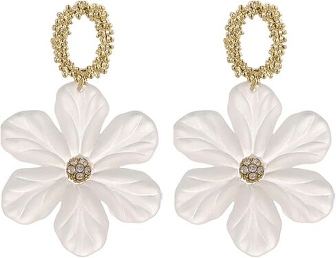 White Flower Earrings for Women Girls Chic Bohemian Acrylic Flower Rose Petal Dangle Drop Crystal Floral Flower Bud Earrings Statement Exaggerated Earrings Jewelry Gifts in Saudi Arabia