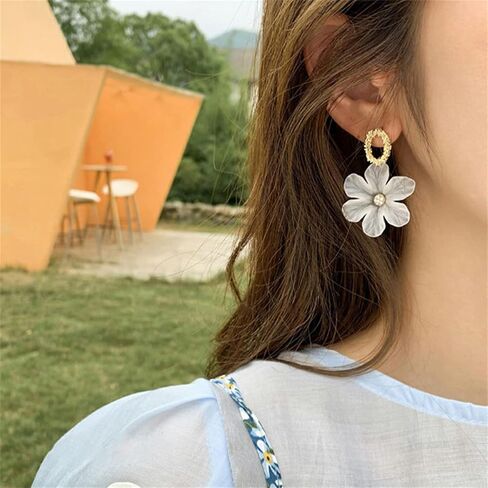 White Flower Earrings for Women Girls Chic Bohemian Acrylic Flower Rose Petal Dangle Drop Crystal Floral Flower Bud Earrings Statement Exaggerated Earrings Jewelry Gifts in Saudi Arabia