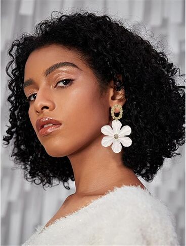 White Flower Earrings for Women Girls Chic Bohemian Acrylic Flower Rose Petal Dangle Drop Crystal Floral Flower Bud Earrings Statement Exaggerated Earrings Jewelry Gifts in Saudi Arabia