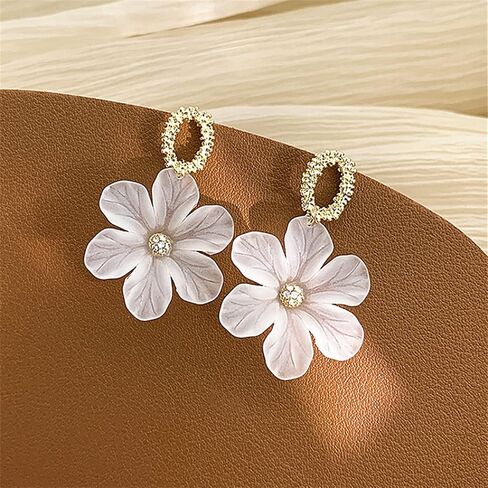 White Flower Earrings for Women Girls Chic Bohemian Acrylic Flower Rose Petal Dangle Drop Crystal Floral Flower Bud Earrings Statement Exaggerated Earrings Jewelry Gifts in Saudi Arabia