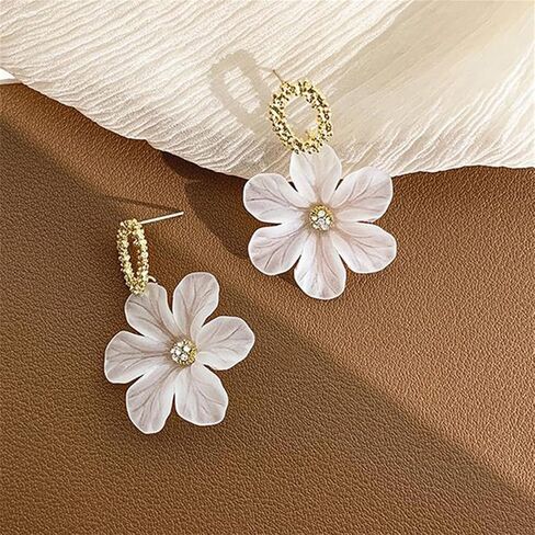 White Flower Earrings for Women Girls Chic Bohemian Acrylic Flower Rose Petal Dangle Drop Crystal Floral Flower Bud Earrings Statement Exaggerated Earrings Jewelry Gifts in Saudi Arabia