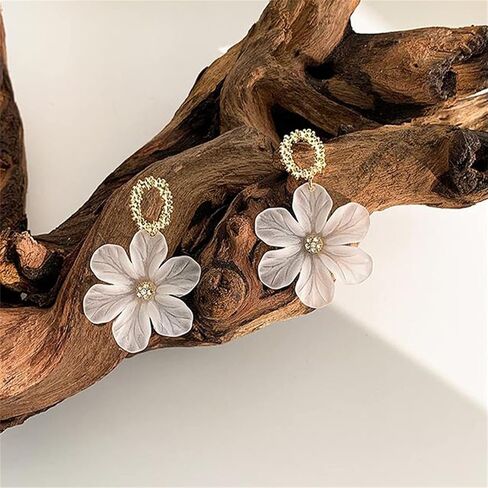 White Flower Earrings for Women Girls Chic Bohemian Acrylic Flower Rose Petal Dangle Drop Crystal Floral Flower Bud Earrings Statement Exaggerated Earrings Jewelry Gifts in Saudi Arabia