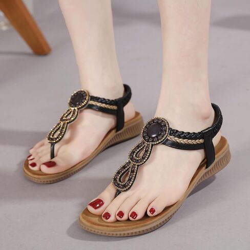 صنادل مسطحة للنساء من WESIDOM، صنادل شاطئ صيفية داعمة للقوس وحجر الراين على شكل حرف T وحزام مطاطي ونعل مطاطي in Kuwait